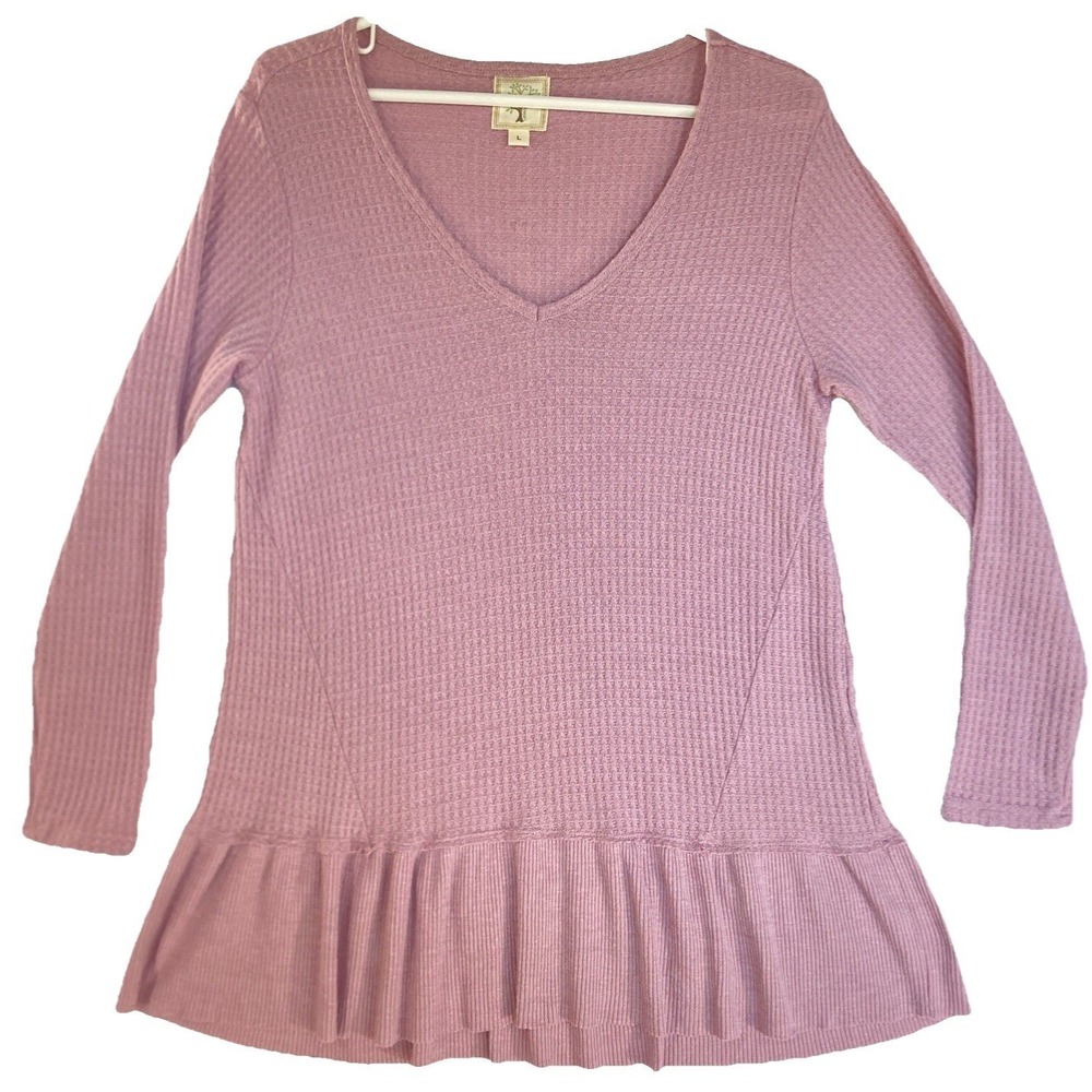 Colortree Mauve Peplum Waffle Knit Ruffle Hem Thermal V Neck Casual Top Womens L